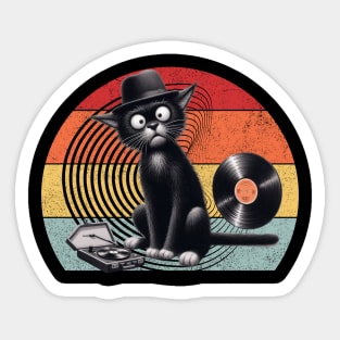 Funny Black Cat Listening To Vinyl Record Player Music Sticker